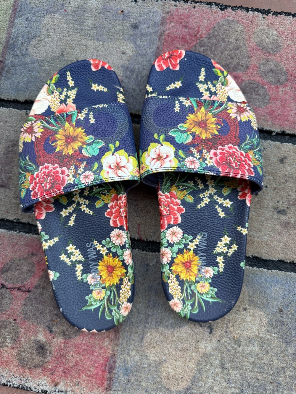 Johnny Was Floral Slide Sandals in Navy Blue